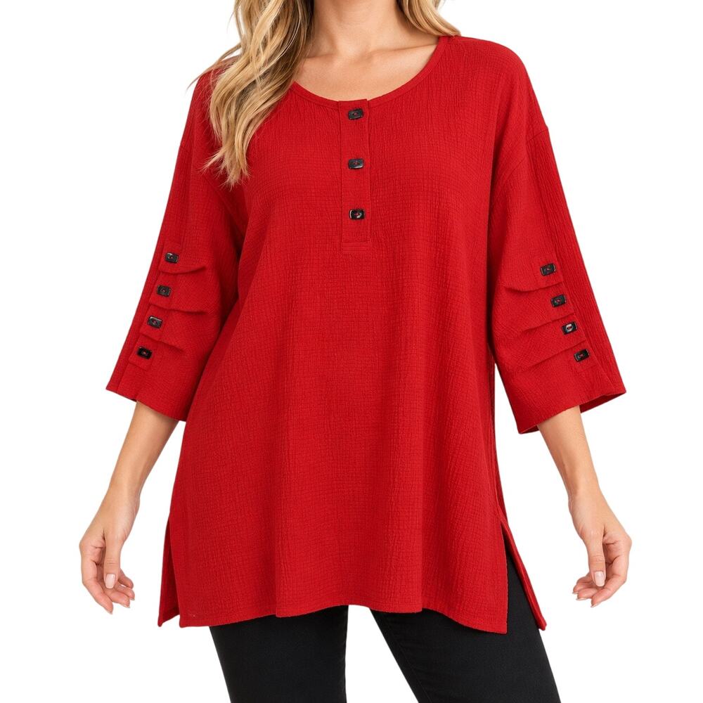 Calessa Sz Medium Vibrant Red Wearable Art Blouse Shirt Top Christmas Holidays